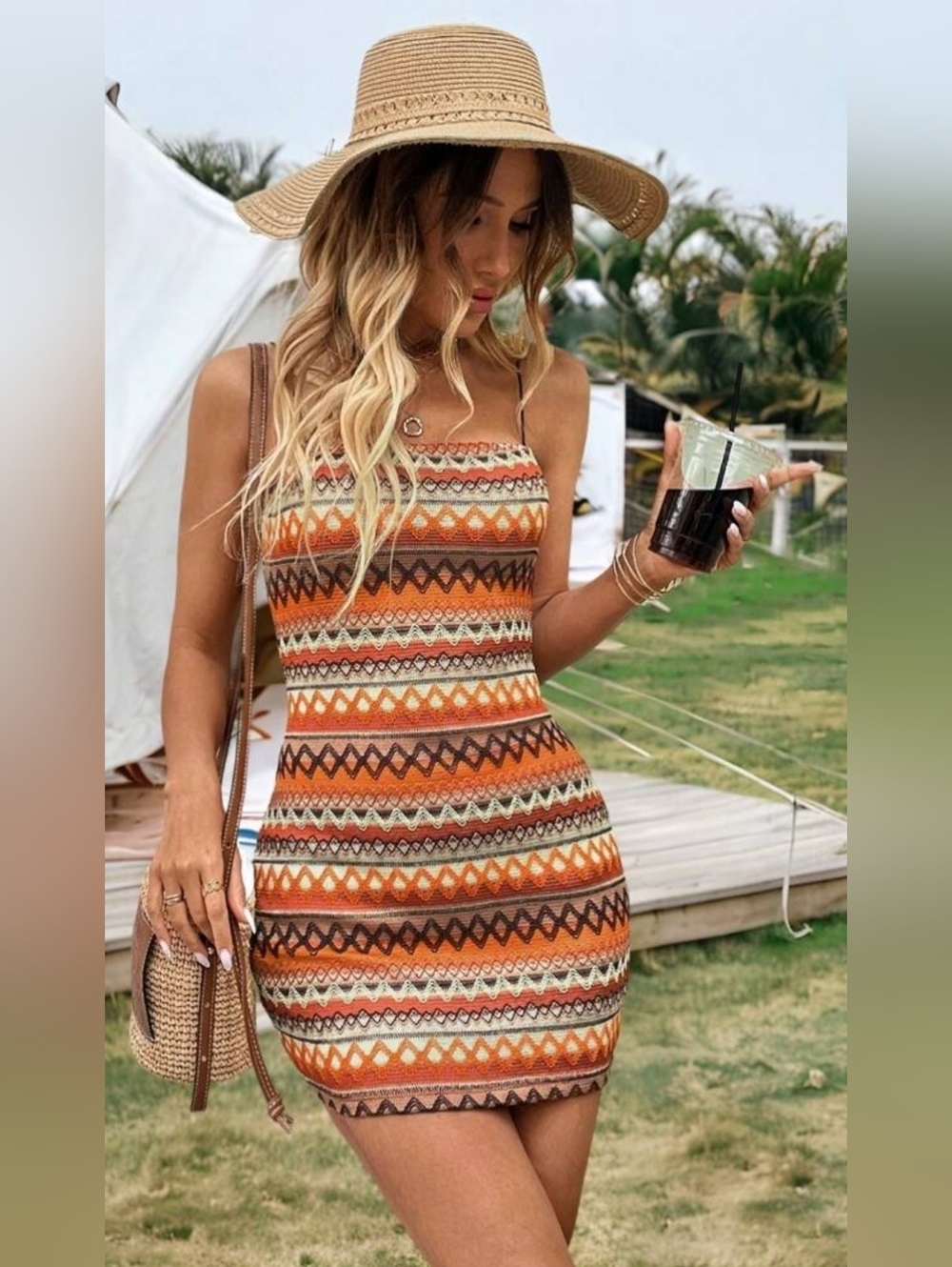 SHEIN Orange Patterned Knit Mini Dress